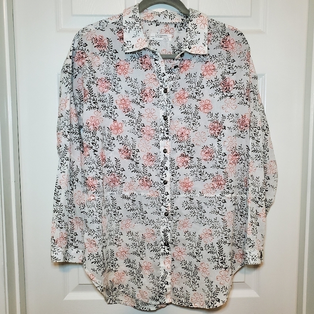 Anthropologie Floral Embroidered Button Down Shirt Size XS S White Pink Boho Top